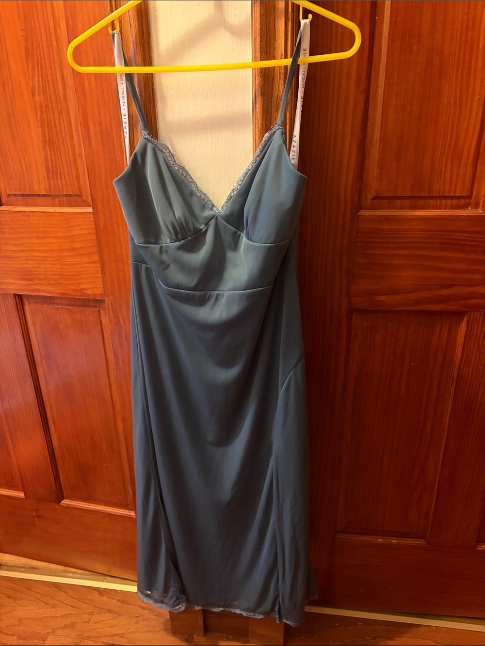 Azazie Kendall and Kylie Lace-Trim Dress in Slate Dusty Blue Medium